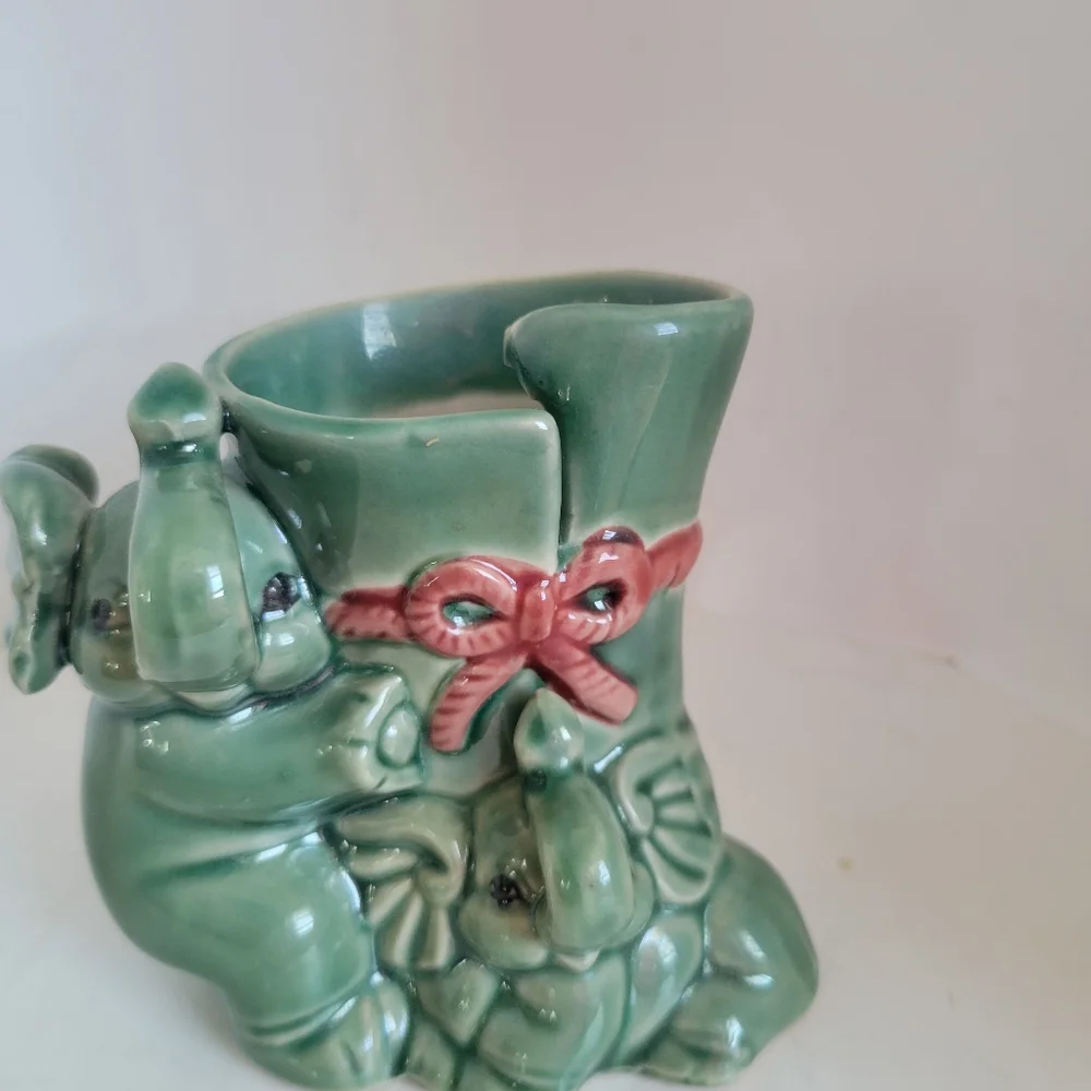 Vintage Elephant Planter, Small Green Planter, Baby Elephant Hugging - Picture 2 of 4